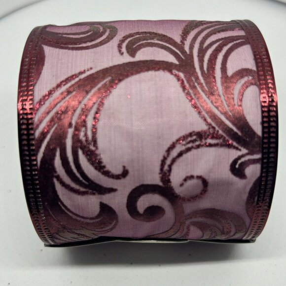 New 2.5" x 25' Sheer Wired Ribbon Maroon Wine Burgundy With Metallic Pattern - Picture 1 of 3